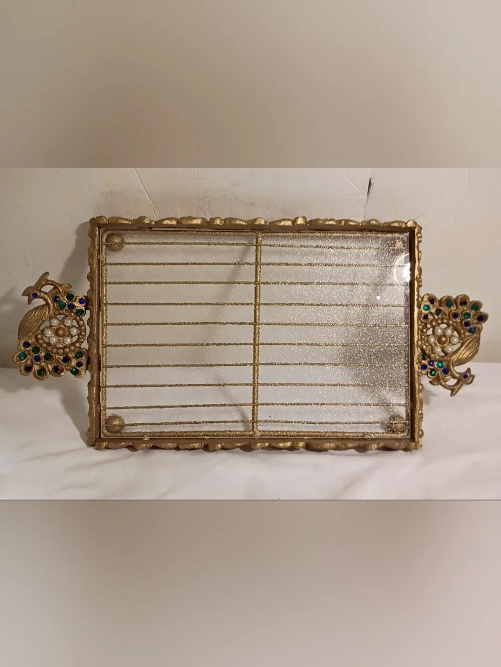 Vtg '60s Hollywood Regency Jeweled Peacock Vanity Tray & Letter Holder Set Gold